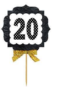 20th Birthday - Anniversary Gold Ribbon Hand Crafted Novelty Cupcake Decoration Toppers -  Picks -12ct