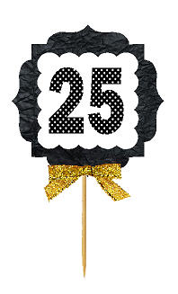 25th Birthday - Anniversary Gold Ribbon Hand Crafted Novelty Cupcake Decoration Toppers -  Picks -12ct