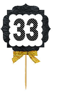 33rd Birthday - Anniversary Gold Ribbon Hand Crafted Novelty Cupcake Decoration Toppers -  Picks -12ct