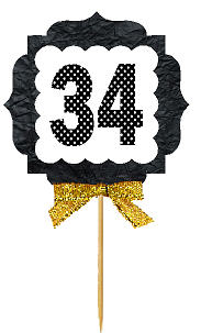 34th Birthday - Anniversary Gold Ribbon Hand Crafted Novelty Cupcake Decoration Toppers -  Picks -12ct