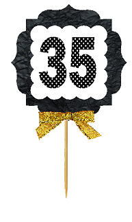 35th Birthday - Anniversary Gold Ribbon Hand Crafted Novelty Cupcake Decoration Toppers -  Picks -12ct