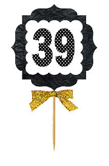 39th Birthday - Anniversary Gold Ribbon Hand Crafted Novelty Cupcake Decoration Toppers -  Picks -12ct
