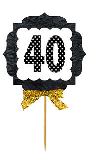 40th Birthday - Anniversary Gold Ribbon Hand Crafted Novelty Cupcake Decoration Toppers -  Picks -12ct