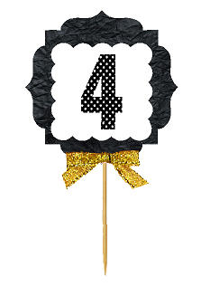 4th Birthday - Anniversary Gold Ribbon Hand Crafted Novelty Cupcake Decoration Toppers -  Picks -12ct