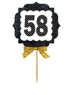 58th Birthday - Anniversary Gold Ribbon Hand Crafted Novelty Cupcake Decoration Toppers -  Picks -12ct
