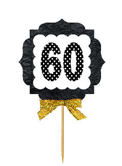 60th Birthday - Anniversary Gold Ribbon Hand Crafted Novelty Cupcake Decoration Toppers -  Picks -12ct