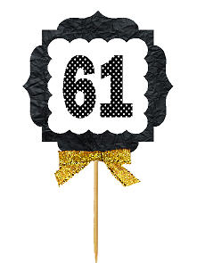 61st Birthday - Anniversary Gold Ribbon Hand Crafted Novelty Cupcake Decoration Toppers -  Picks -12ct