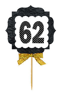62nd Birthday - Anniversary Gold Ribbon Hand Crafted Novelty Cupcake Decoration Toppers -  Picks -12ct