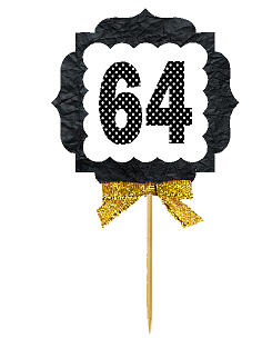 64th Birthday - Anniversary Gold Ribbon Hand Crafted Novelty Cupcake Decoration Toppers -  Picks -12ct