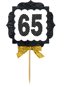 65th Birthday - Anniversary Gold Ribbon Hand Crafted Novelty Cupcake Decoration Toppers -  Picks -12ct
