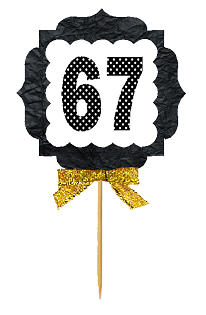 67th Birthday - Anniversary Gold Ribbon Hand Crafted Novelty Cupcake Decoration Toppers -  Picks -12ct
