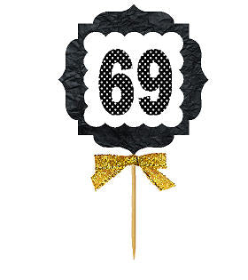 69th Birthday - Anniversary Gold Ribbon Hand Crafted Novelty Cupcake Decoration Toppers -  Picks -12ct