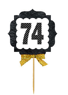 74th Birthday - Anniversary Gold Ribbon Hand Crafted Novelty Cupcake Decoration Toppers -  Picks -12ct