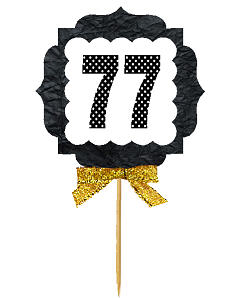 77th Birthday - Anniversary Gold Ribbon Hand Crafted Novelty Cupcake Decoration Toppers -  Picks -12ct