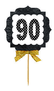90th Birthday - Anniversary Gold Ribbon Hand Crafted Novelty Cupcake Decoration Toppers -  Picks -12ct
