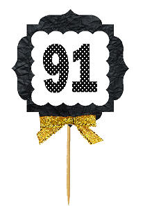 91st Birthday - Anniversary Gold Ribbon Hand Crafted Novelty Cupcake Decoration Toppers -  Picks -12ct