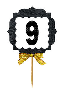 9th Birthday - Anniversary Gold Ribbon Hand Crafted Novelty Cupcake Decoration Toppers -  Picks -12ct
