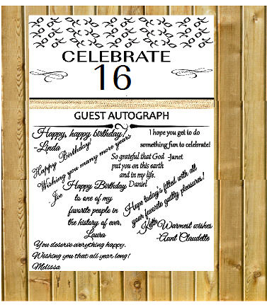 16th Birthday - Anniversary Novelty Burlap Guest Autograph Sign-In Wall Poster