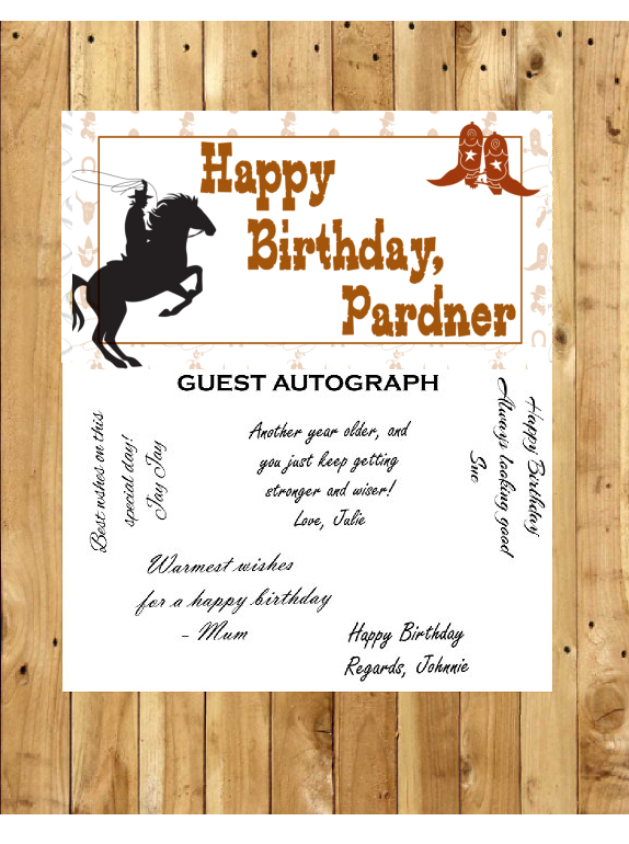 Cowboy Birthday Guest Autograph Peel and Stick For Keepsake Removable Poster 13 x 24inches