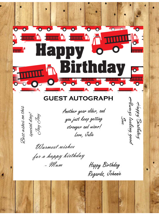 FireTruck Birthday Guest Autograph Peel and Stick For Keepsake Removable Poster 13 x 24inches