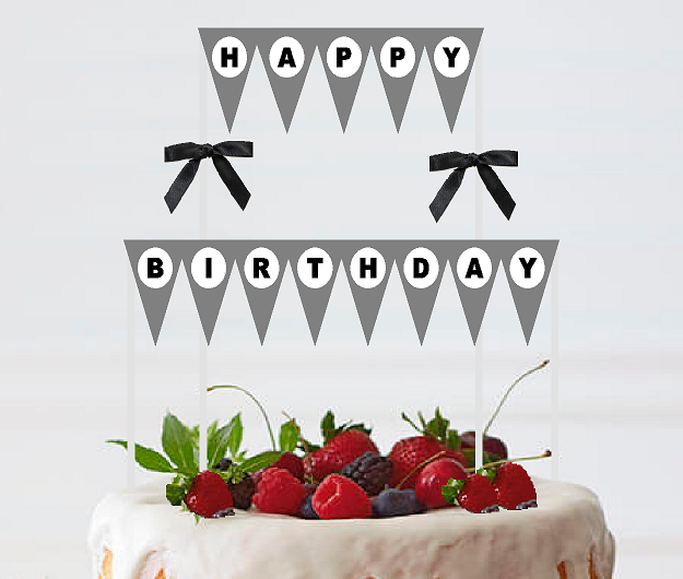 Grey White Black Happy Birthday Bunting Cake Decoration Food Topper wtih Bow