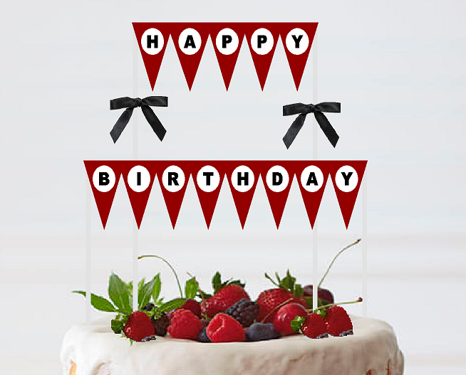 Burgundy White Black Happy Birthday Bunting Cake Decoration Food Topper wtih Bow