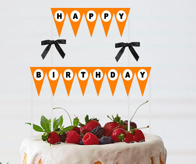 Orange White Black Happy Birthday Bunting Cake Decoration Food Topper wtih Bow