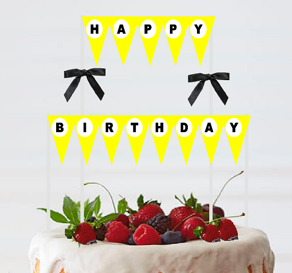 Yellow White Black Happy Birthday Bunting Cake Decoration Food Topper wtih Bow