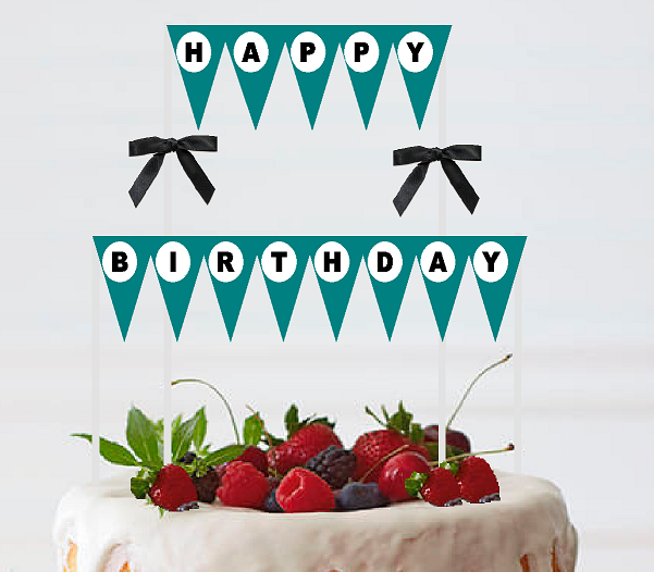 Teal White Black  Happy Birthday Bunting Cake Decoration Food Topper wtih Bow