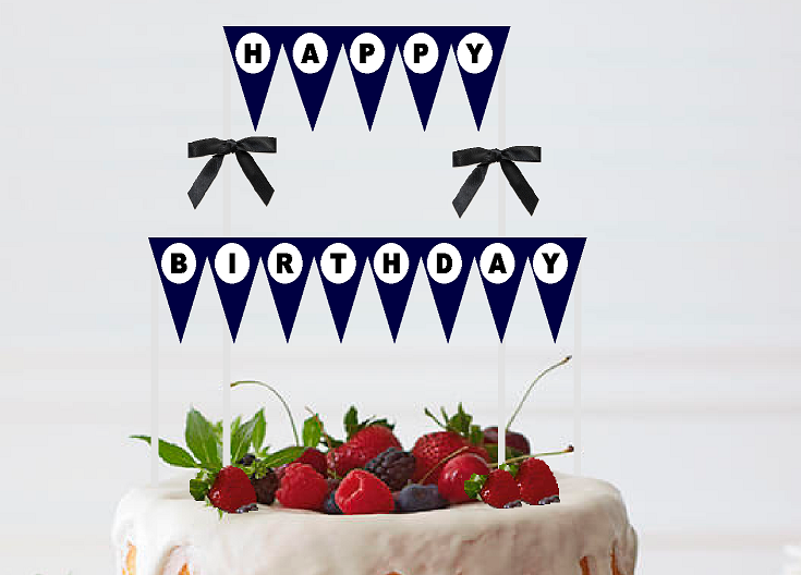 Navy White Black  Happy Birthday Bunting Cake Decoration Food Topper wtih Bow