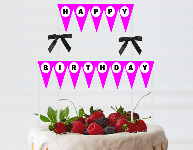 Hot Pink White Black Happy Birthday Bunting Cake Decoration Food Topper wtih Bow
