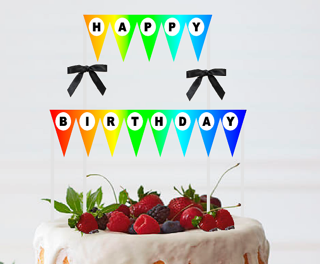Rainbow White Black Happy Birthday Bunting Cake Decoration Food Topper wtih Bow