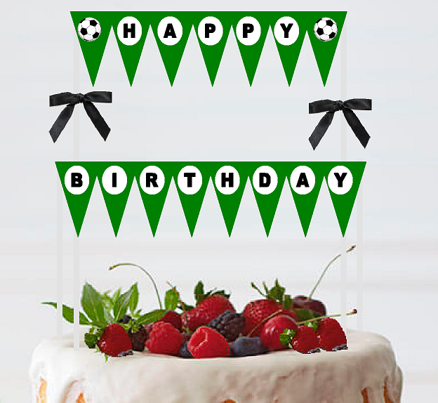 Soccer Green  White Black Happy Birthday Bunting Cake Decoration Food Topper wtih Bow