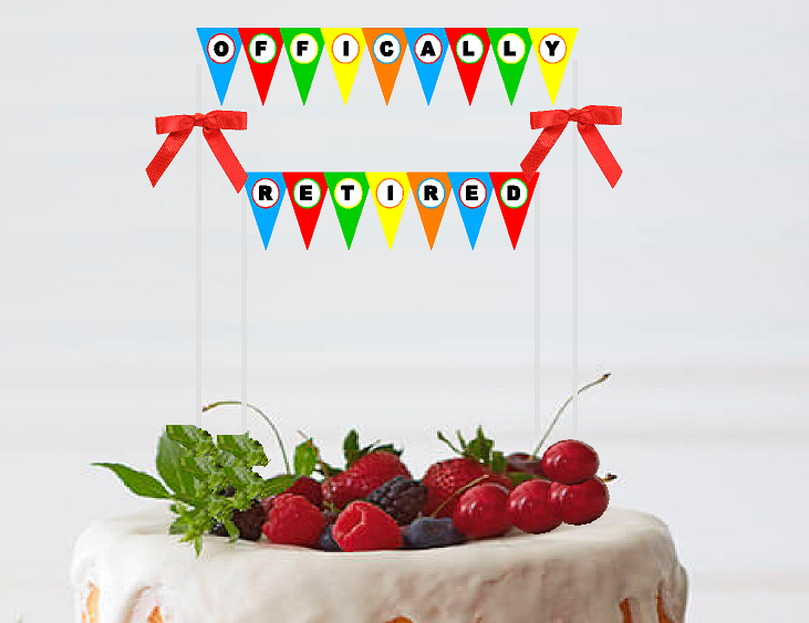 Bright Rainbow White officially Retired Retirement Bunting Cake Decoration Food Topper wtih Bow