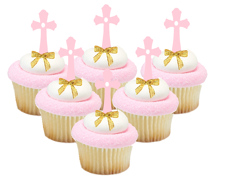 Pink Cross Gold Bow  Cupcake Decoration Topper Picks -12pk