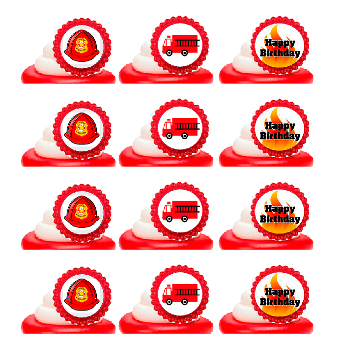 Fire Engine Truck Easy Toppers Cupcake Decoration Rings -12pk