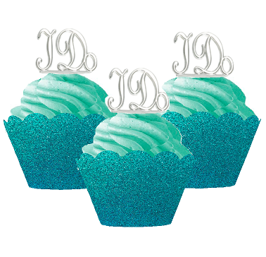 24pk I Do Heart Wedding Bridal Shower Cupcake Toppers w. Turquoise Glitter Wrappers