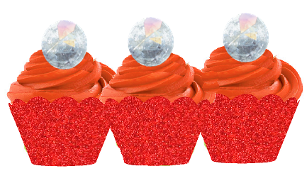 24pk Iridescent Ring Wedding Bridal Shower Cupcake Toppers w. Red Glitter Wrappers