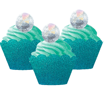 24pk Iridescent Ring Wedding Bridal Shower Cupcake Toppers w. Turquoise Glitter Wrappers