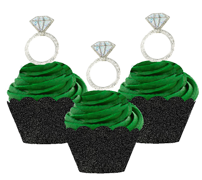 12pk Diamond Shaped Ring Wedding Bridal Shower Cupcake Toppers w. Black Glitter Wrappers