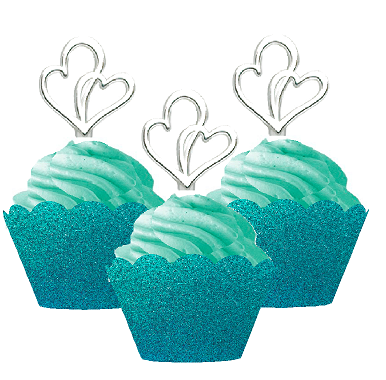 24pk Double Heart Wedding Bridal Shower Cupcake Toppers w. Turquoise Glitter Wrappers