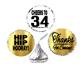 34th Birthday - Anniversary Cheers Hooray Thanks For Coming 324pk Stickers - Labels for Chocolate Drop Hersheys Kisses, Party Favors Decorations