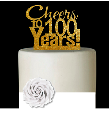 100th Birthday - Anniversary Cheers Gold Glitter Cake Decoration Topper