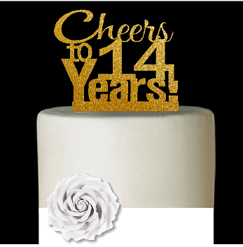 14th Birthday - Anniversary Cheers Gold Glitter Cake Decoration Topper