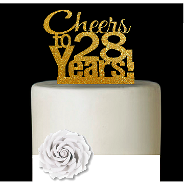 28th Birthday - Anniversary Cheers Gold Glitter Cake Decoration Topper