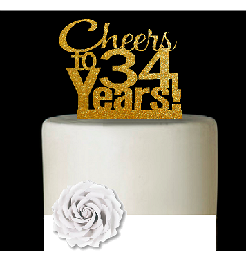 34th Birthday - Anniversary Cheers Gold Glitter Cake Decoration Topper