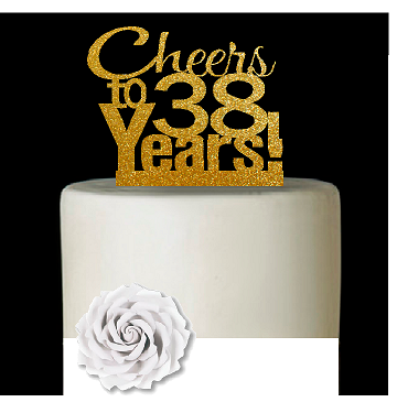 38th Birthday - Anniversary Cheers Gold Glitter Cake Decoration Topper