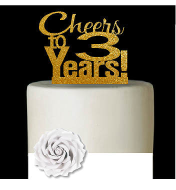 3rd Birthday - Anniversary Cheers Gold Glitter Cake Decoration Topper