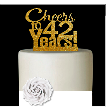 42nd Birthday - Anniversary Cheers Gold Glitter Cake Decoration Topper