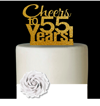 55th Birthday - Anniversary Cheers Gold Glitter Cake Decoration Topper